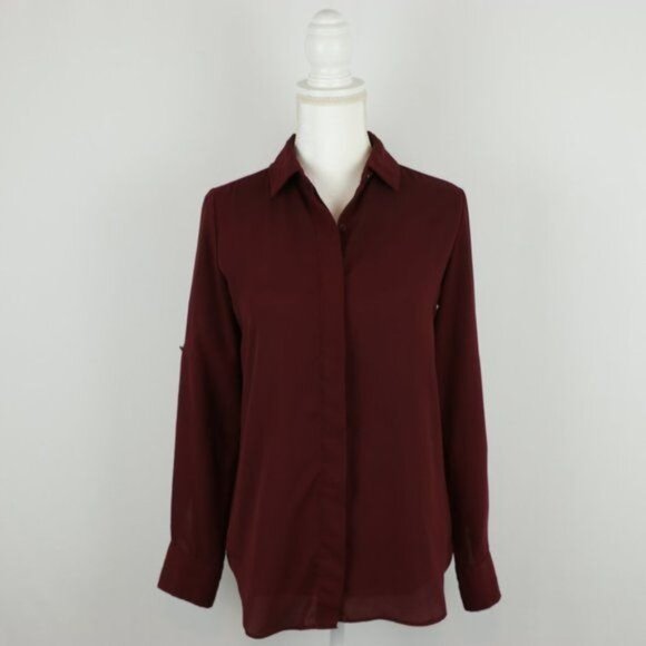 Mossimo Women's Extra Small Maroon Crepe Roll Tab Long Sleeve Button Up Shirt - Picture 1 of 7